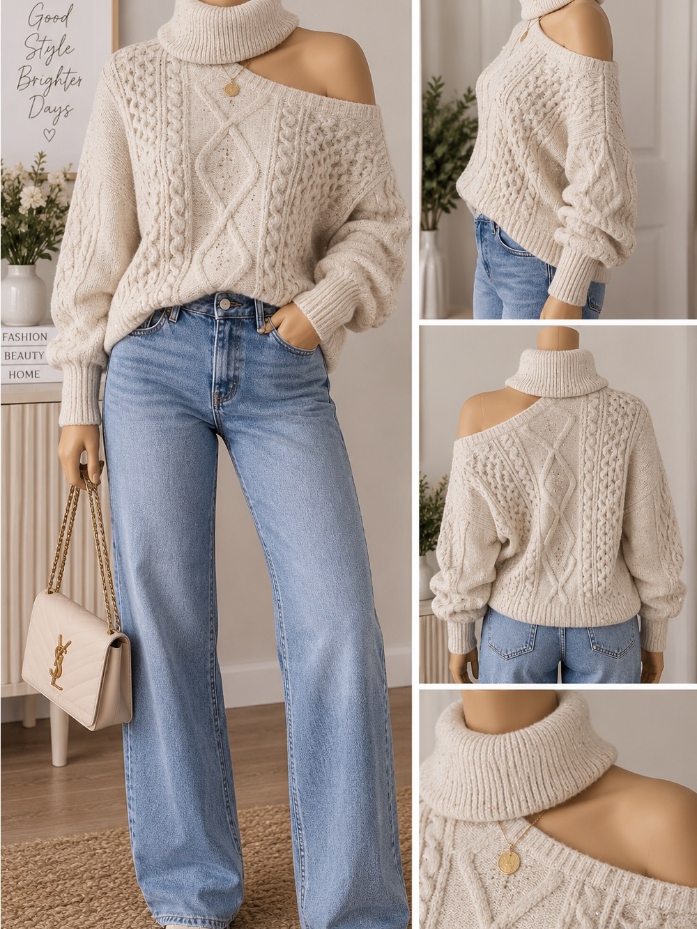 sofia by sofia vergara Cream Cable Knit Turtleneck Sweater